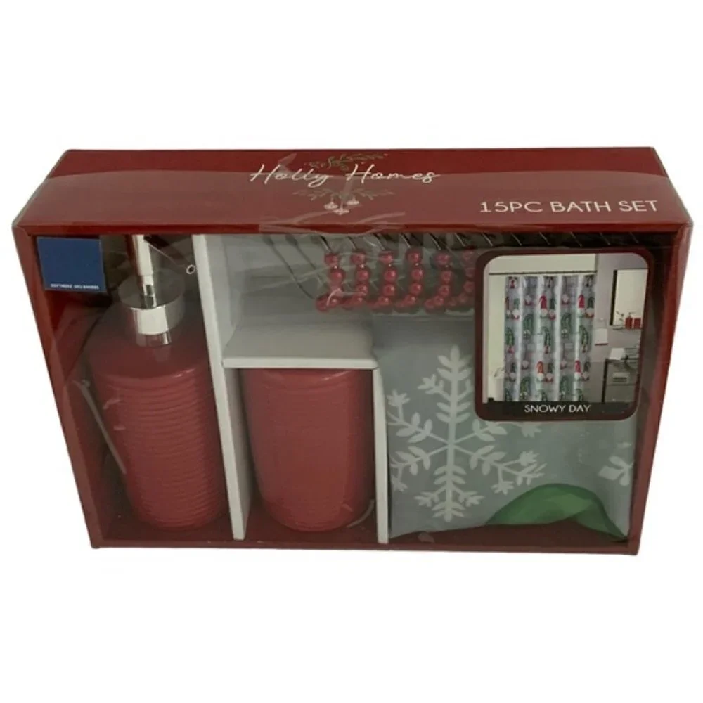 Christmas Bathroom Gnome Ensemble Set Santa Snowy Day 15 Piece Grey Multicolor